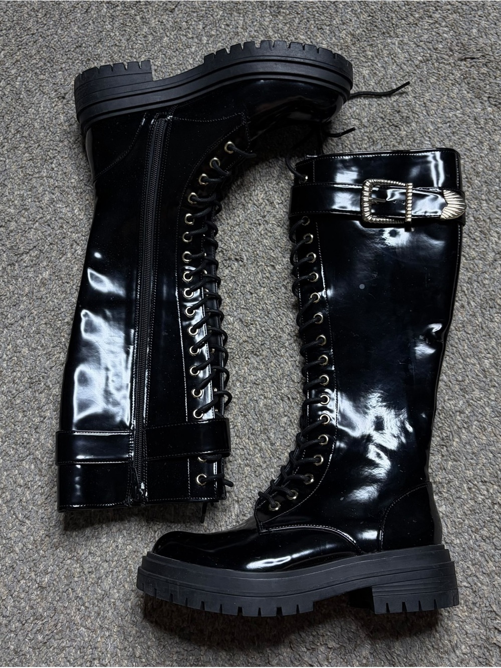 New Without Box Gianni Bini Boots Black Patent Leather Combat Knee High Size 6.5